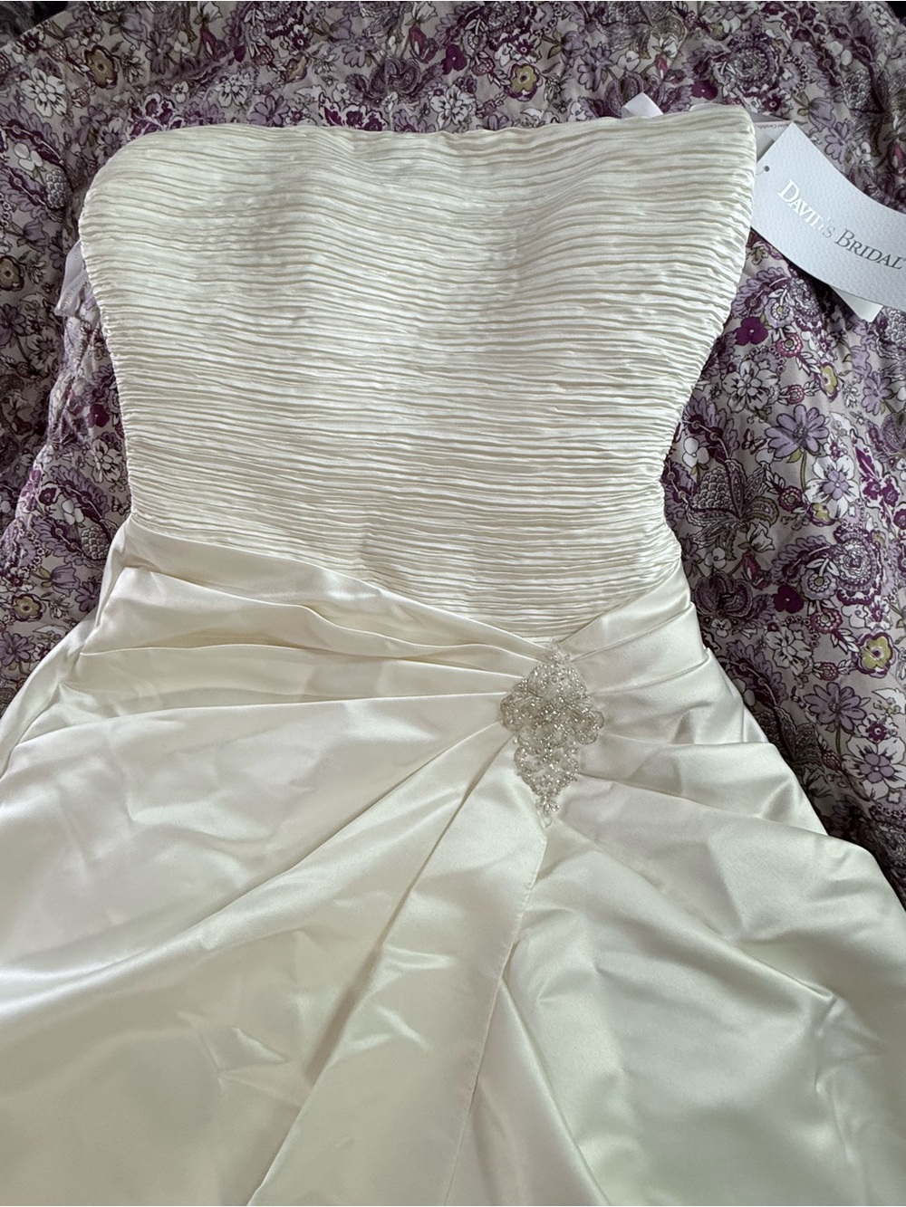 David's Bridal Ivory Strapless Ruched Bodice Wedding Dress with Beaded Detail